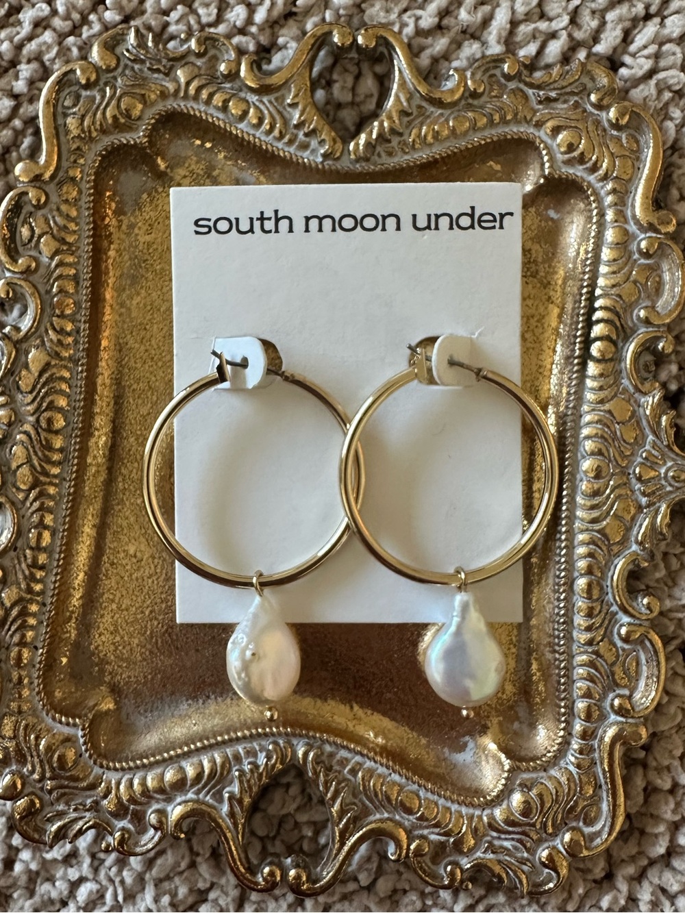 South Moon Under Gold Tone Hoops with Pearl Drops
